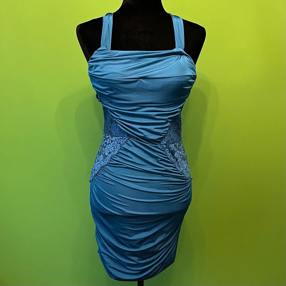Ole Ole Blue Party Dress W/ Lace Sides strappy back, Size S